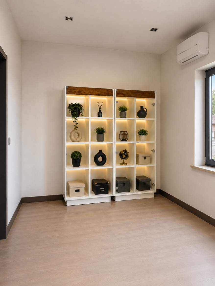 A bookshelf with LED lighting and a display cabinet for the living room for Ms. Agata from Warsaw