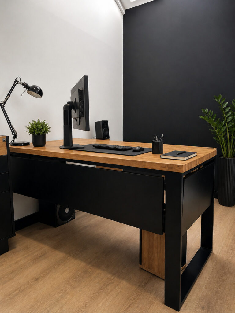 A corner desk in a small room