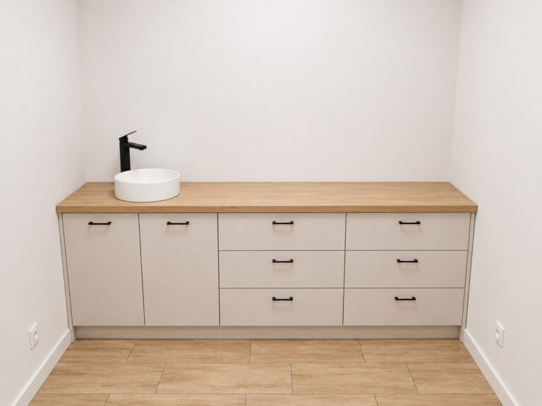 Large, custom-made wall-to-wall vanity cabinet