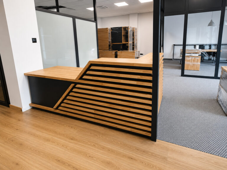 Reception desk with oak slats