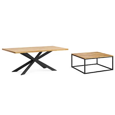 table with oak top on black metal frame