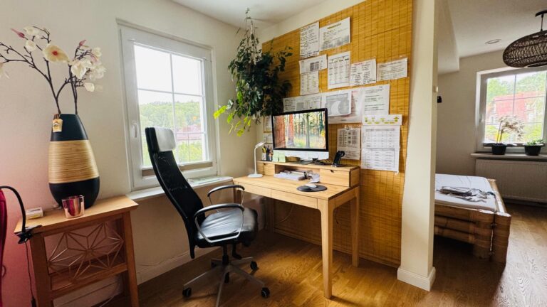 Wooden desk with drawers and an extension for a home office