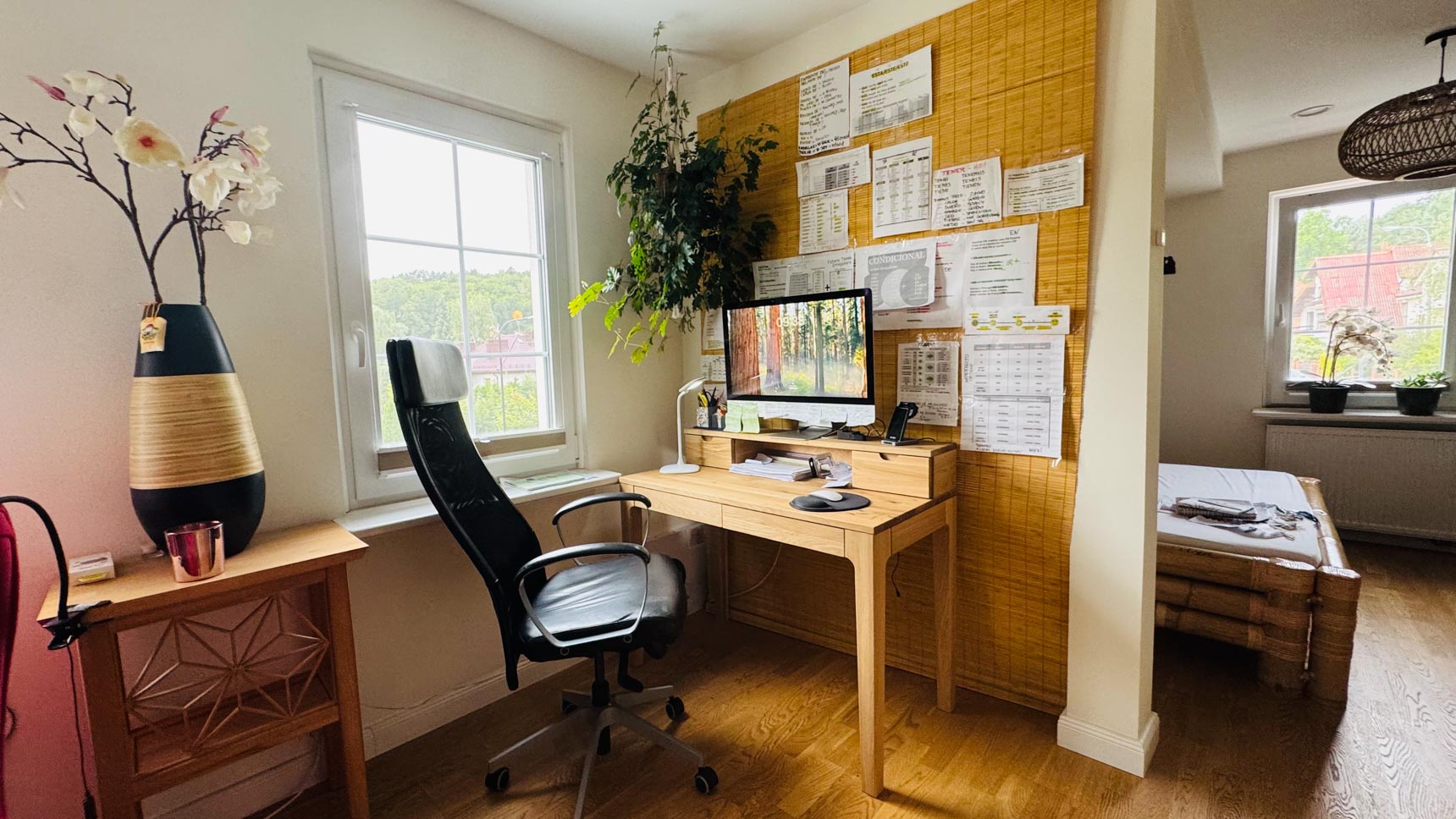 Wooden desk with drawers and an extension for a home office