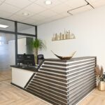 Reception desk with horizontal slats