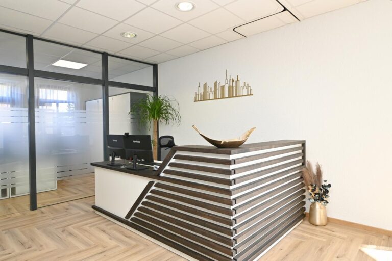 Reception desk with horizontal slats