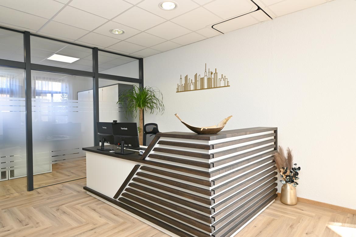 Reception desk with horizontal slats