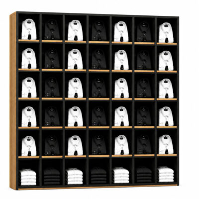 a display rack for a clothing store with slats for shirts