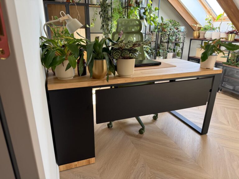 Home Office Design with Plants and an Oak Desk