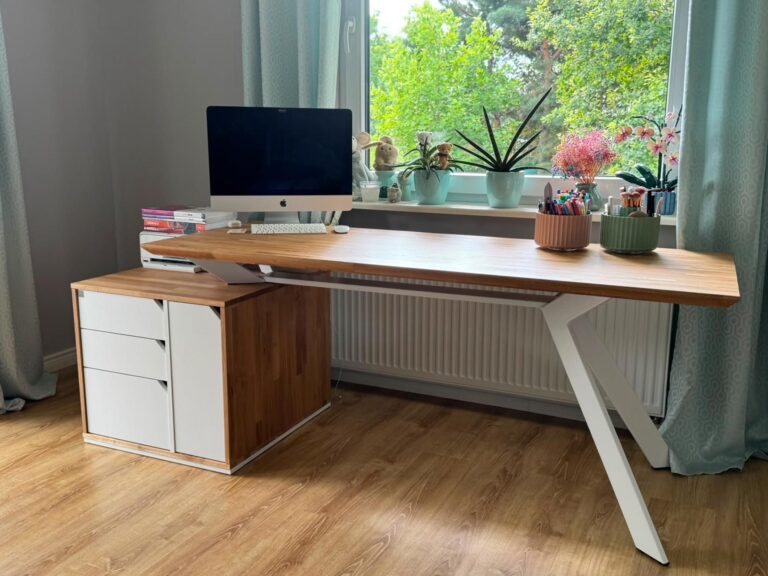 Oak office desk with a storage unit and drawers