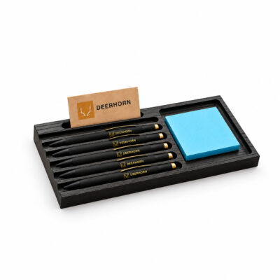 wooden organizer for pens, business cards, and sticky notes