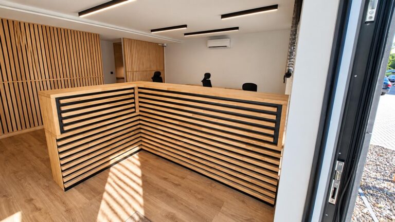 Large corner reception desk with wooden slats