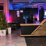 Reception desk with oak slats for an architecture firm