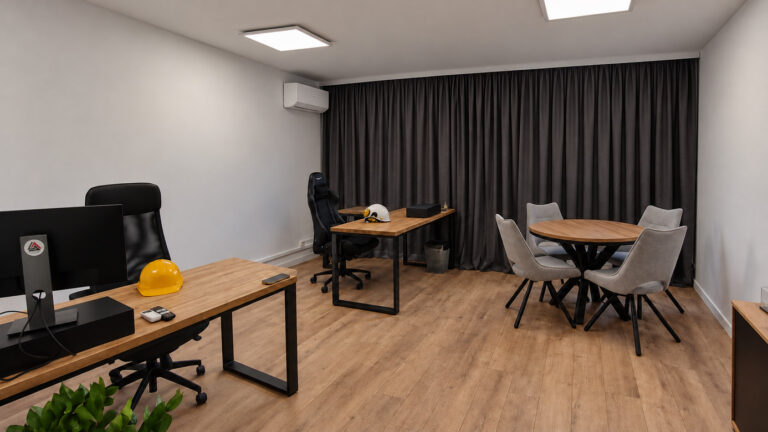 Corner desks with wooden tops and black frames in a modern office