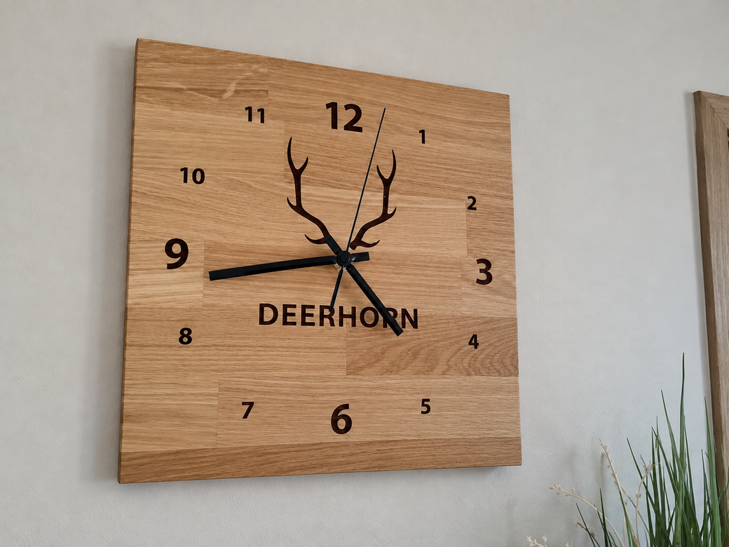 A wooden wall clock made of natural oak as a decoration for a light-colored wall in the living room