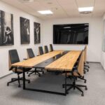 Large conference table with an oak tabletop