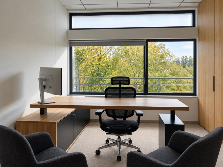 An office with a wooden desk and black cabinetry next to a large window
