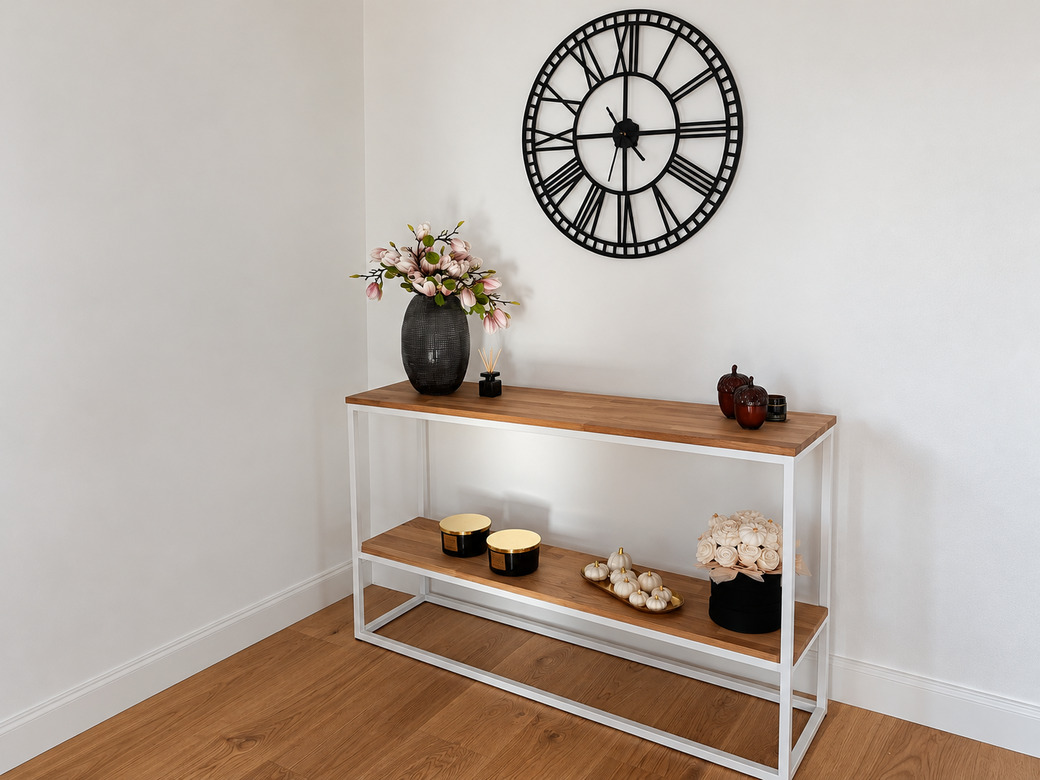 A minimalist white console table with wooden accents for a modern home interior