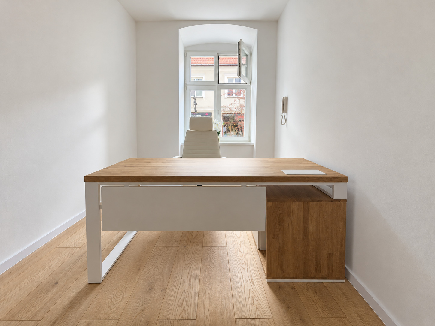 A modern corner desk with a storage unit for documents and a computer