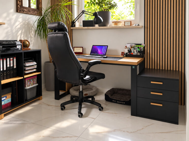 A modern home office with a desk, a filing cabinet, a dresser, and storage space