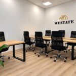 Conference table with a wooden top for meetings with clients