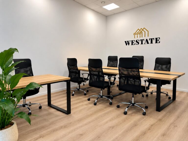 Conference table with a wooden top for meetings with clients